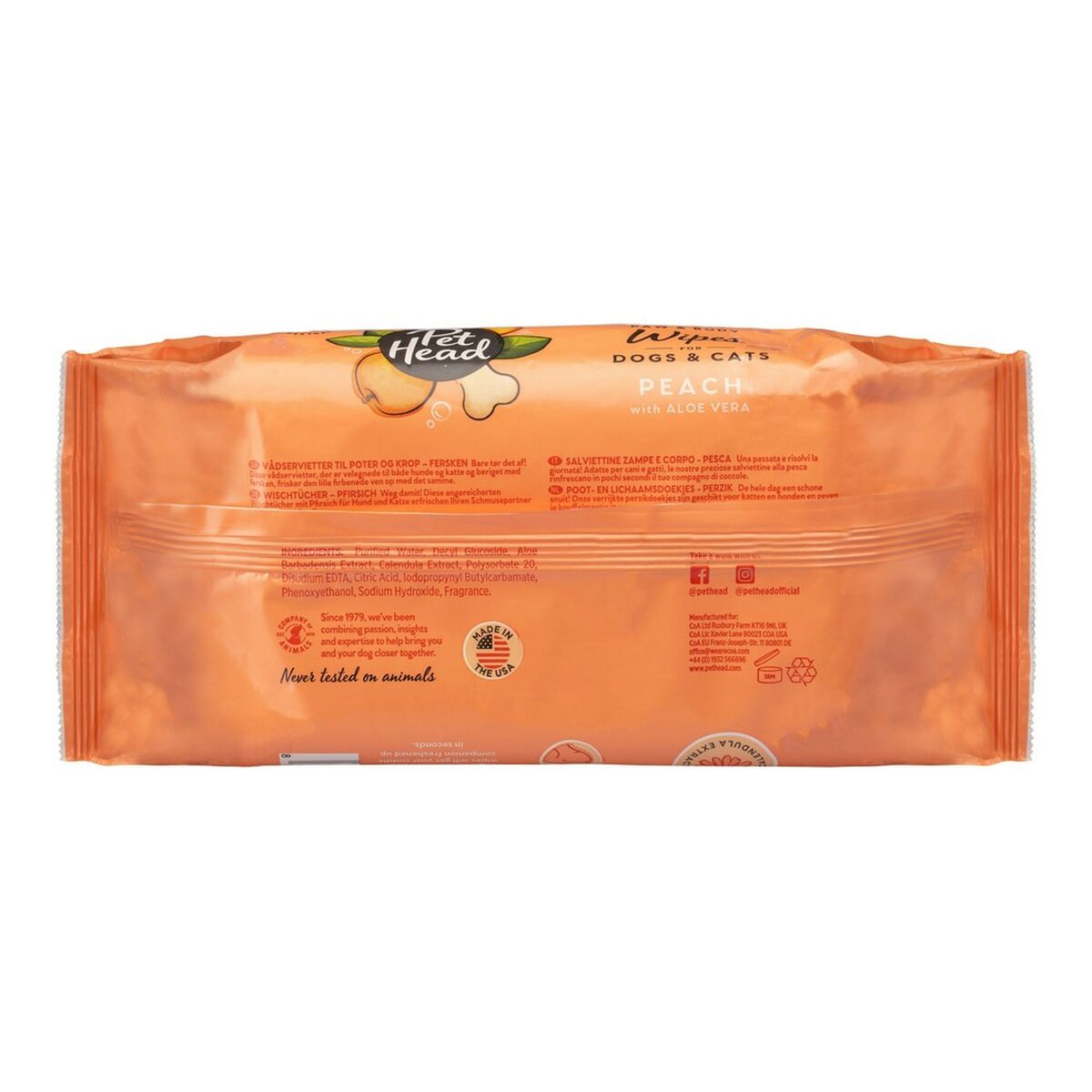 Toallitas Perros Pet Head Melocotón y Aloe Vera 80uds | Limpieza Rápida Sin Agua