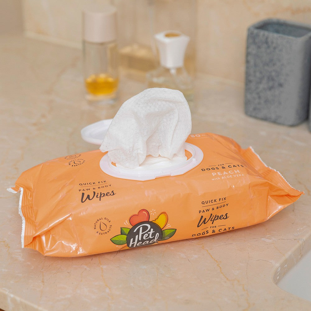 Toallitas Perros Pet Head Melocotón y Aloe Vera 80uds | Limpieza Rápida Sin Agua